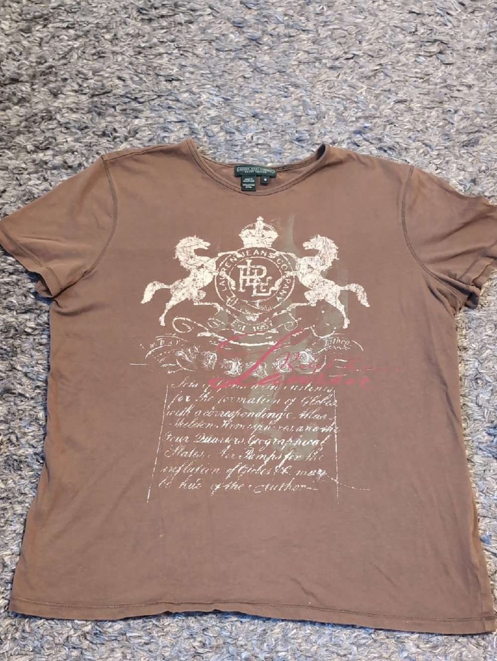 Ralph Lauren Brown Tee with White Crest and Red Script Accent Size M